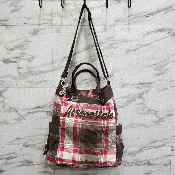 Aeropostale Tote Handbag with Wristlet Brown Pink Plaid Canvas Double Handles - Picture 2 of 15